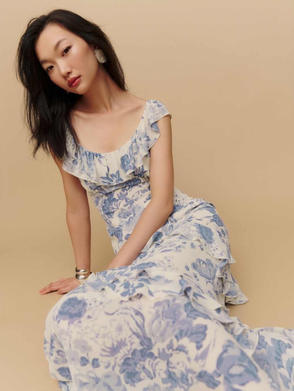 Reformation TRIPOLI Lucerne Blue Floral Ruffle Tiered Maxi Dress Gown w/ Tags 6